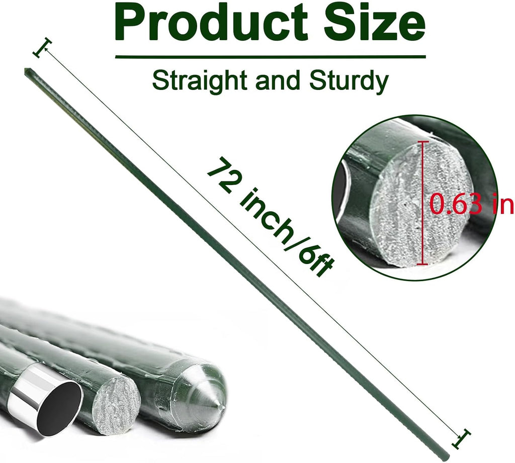 Garden Stakes 6ft, 6Feet Metal Plant Stakes 25 Pack for Gardening and Farm, 72" Plastic Coated Plant Support for