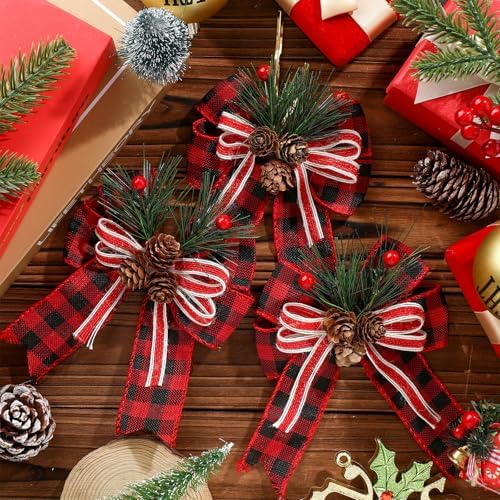 Moucuny 6 Pcs Christmas Burlap Bows Red and Black Buffalo Plaid 5 x 6 Inch