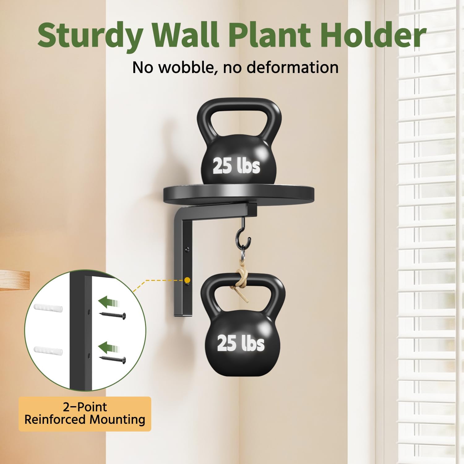 LASZOLA Plant Hanger Holder Shelf Wall Indoor with Lights, 2 Pcs Black | Modern Window Metal Floating Stand, Hanging