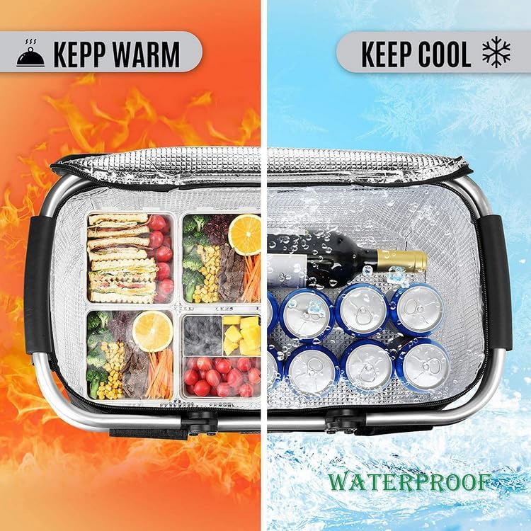 Foldable Insulated Picnic Basket 30L 31.7 QT Large Capacity Cooler Tote with Double Handles Thermal Shopping Basket for