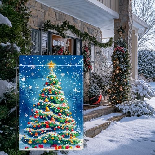 Winter Christmas Tree Garden Flag for Outside, Snowflake Xmas Ball Welcome Christmas Yard Flag 12x18 Inch Double Sided Burlap Holiday Farmhouse Home Decoration Outdoor Flag