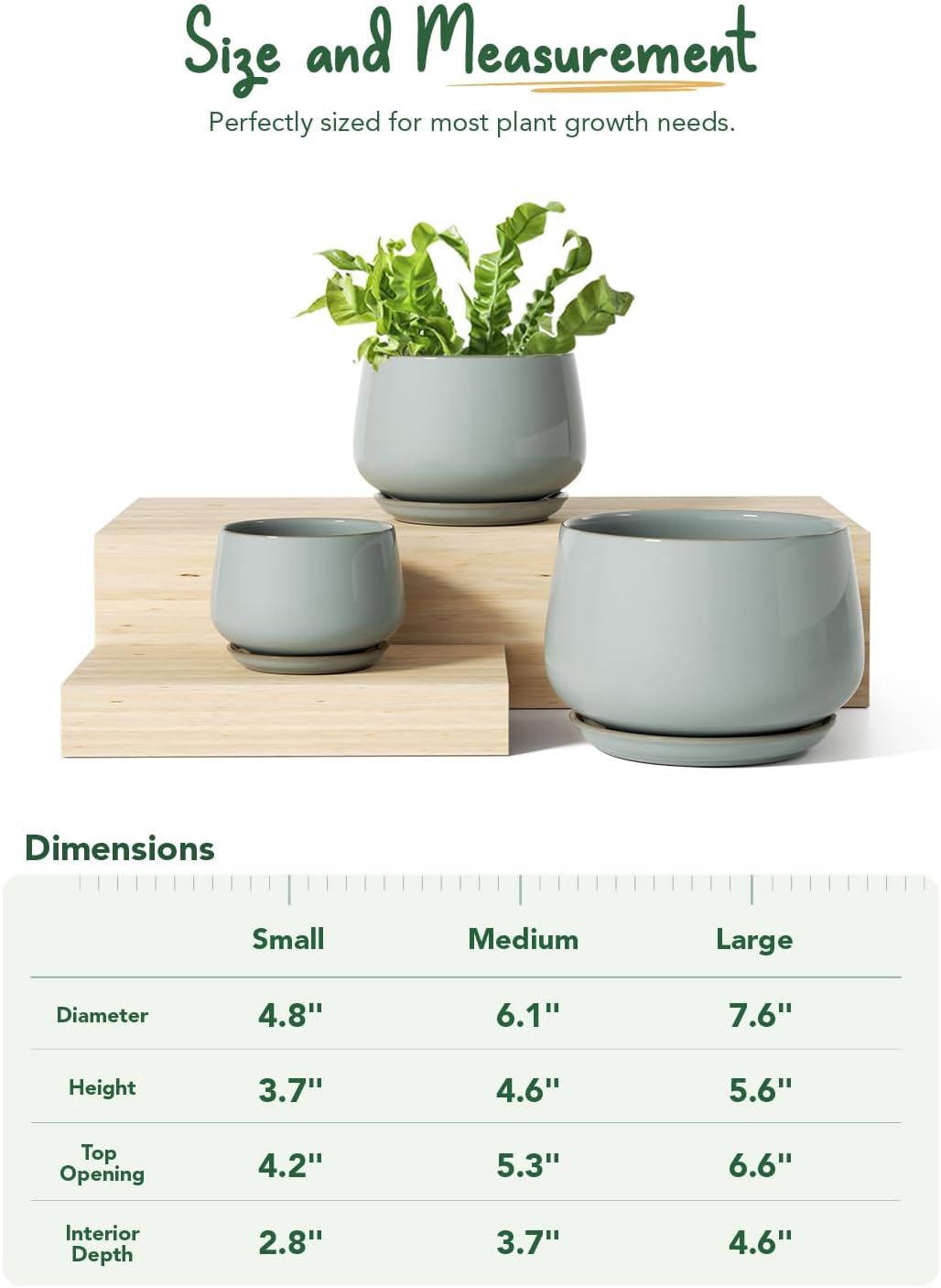 LE TAUCI Plant Pots for Indoor Plants, 4.1+5.1+6.5 inch, Set of 3, Ceramic Planters with Drainage Hole and Saucer