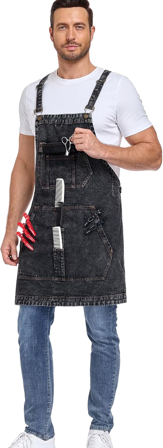 Denim Apron with Pockets for Hair Stylist Cross Back Men Women | Gardening Craftsmen Barista Hairdresser Jean Work