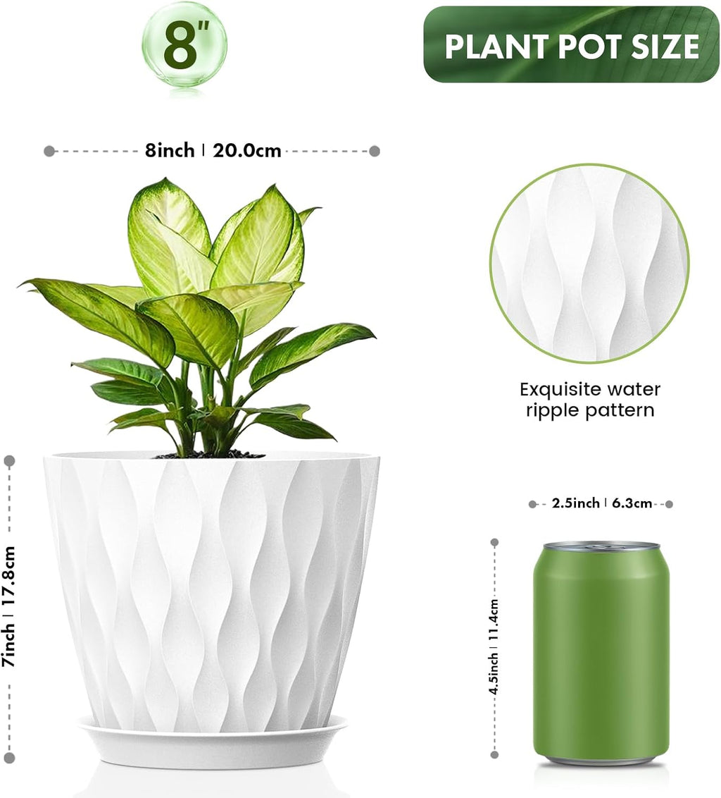UOUZ 8 Inch Plant Pots, 4 Pack Plastic Planters for Indoor Outdoor with Drainage Holes & Saucers, Waffle Texture Flower