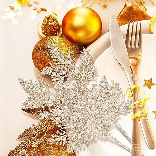 Cindeer 100 Pcs Christmas Tree Picks Sprays Glitter 10.2 in,Champagne Gold