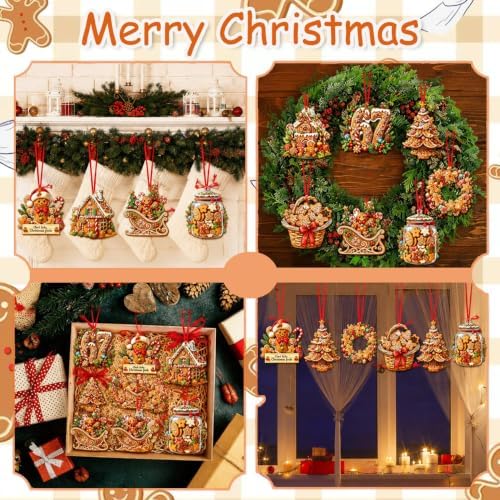 12Pcs Christmas Hanging Ornaments Gingerbread Man Wooden Hanging with House Wreath Car Holly Dessert Designs Cute Winter Tree Decorations for Christmas Holiday Party Supply