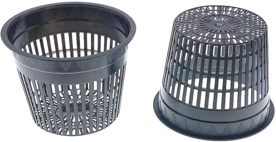 HORTIPOTS 5 Inch Net Pots Raised Center Bottom Mesh Side Wide Rim Round Cup with Free Reflective Top Lids for