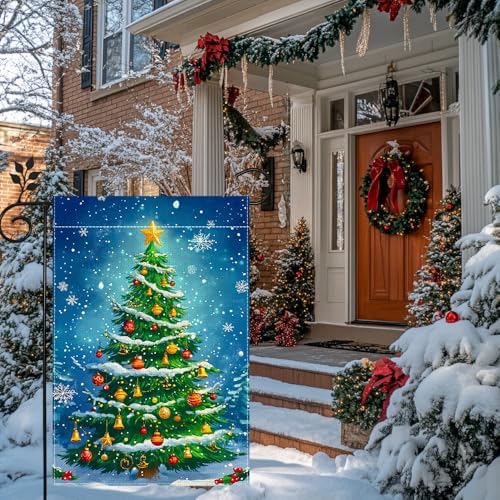 Winter Christmas Tree Garden Flag for Outside, Snowflake Xmas Ball Welcome Christmas Yard Flag 12x18 Inch Double Sided Burlap Holiday Farmhouse Home Decoration Outdoor Flag