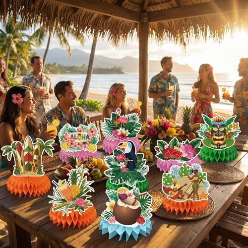Luau Party Decorations - 9 PCS Hawaiian Honeycomb Table Centerpiece for Tiki and Love Island Hawaiian Theme Party Favors Supplies | Tropical Party Decorations for Summer Beach Pool Birthday Wedding