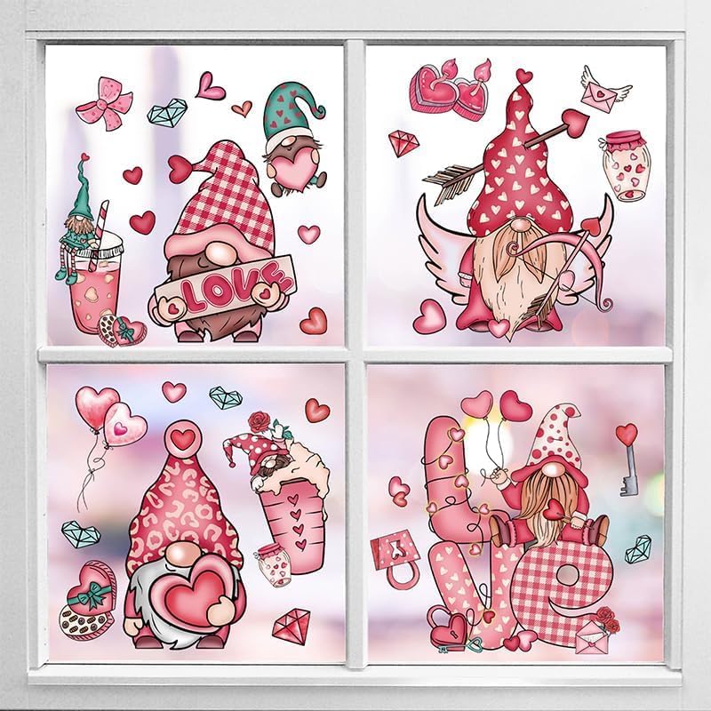 9 Sheets Valentine's Day Gnome Window Clings, Double-Sided Window Decor for Valentines Day, Removable Pink Window Decorations for Glass Windows
