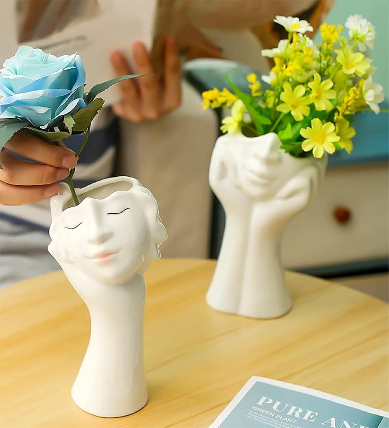 Female Head Face Vase, Ceramic Plant Pots, Flower Planter Figurines Statue Table Centerpieces Sculpture for Wedding