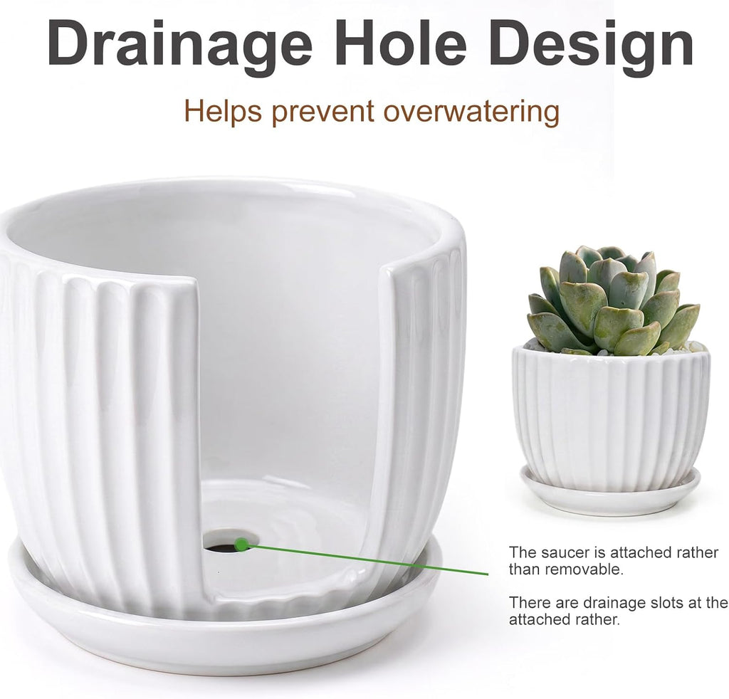 White Plant Pots,Ceramic Flower Pot Set of 3 with Drainage Holes & Saucers | Ceramic Planters for Indoor Plants