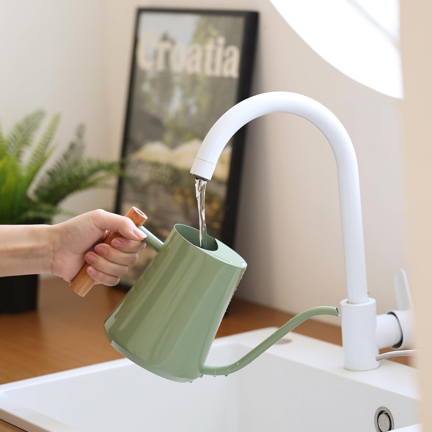 1L/35oz Metal Watering Can Indoor with Long Spout, Sage Green | Metal Stainless Steel Watering Can with Wood Handle for