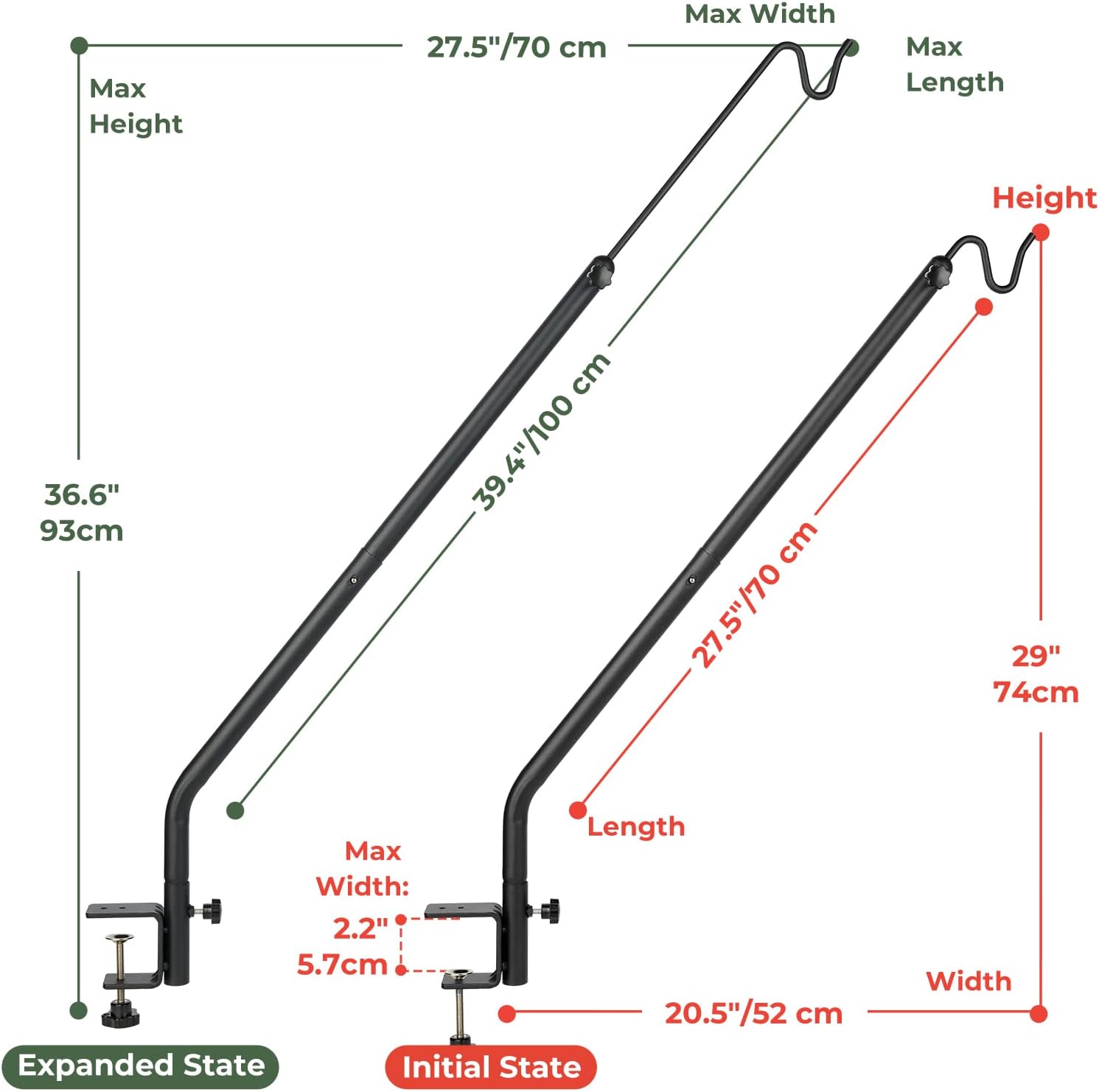 Kingsyard 2 Pack Heavy Duty Deck Hook, 27"-39" Adjustable Metal Deck Railing Hooks for Hanging Bird Feeders, Planters
