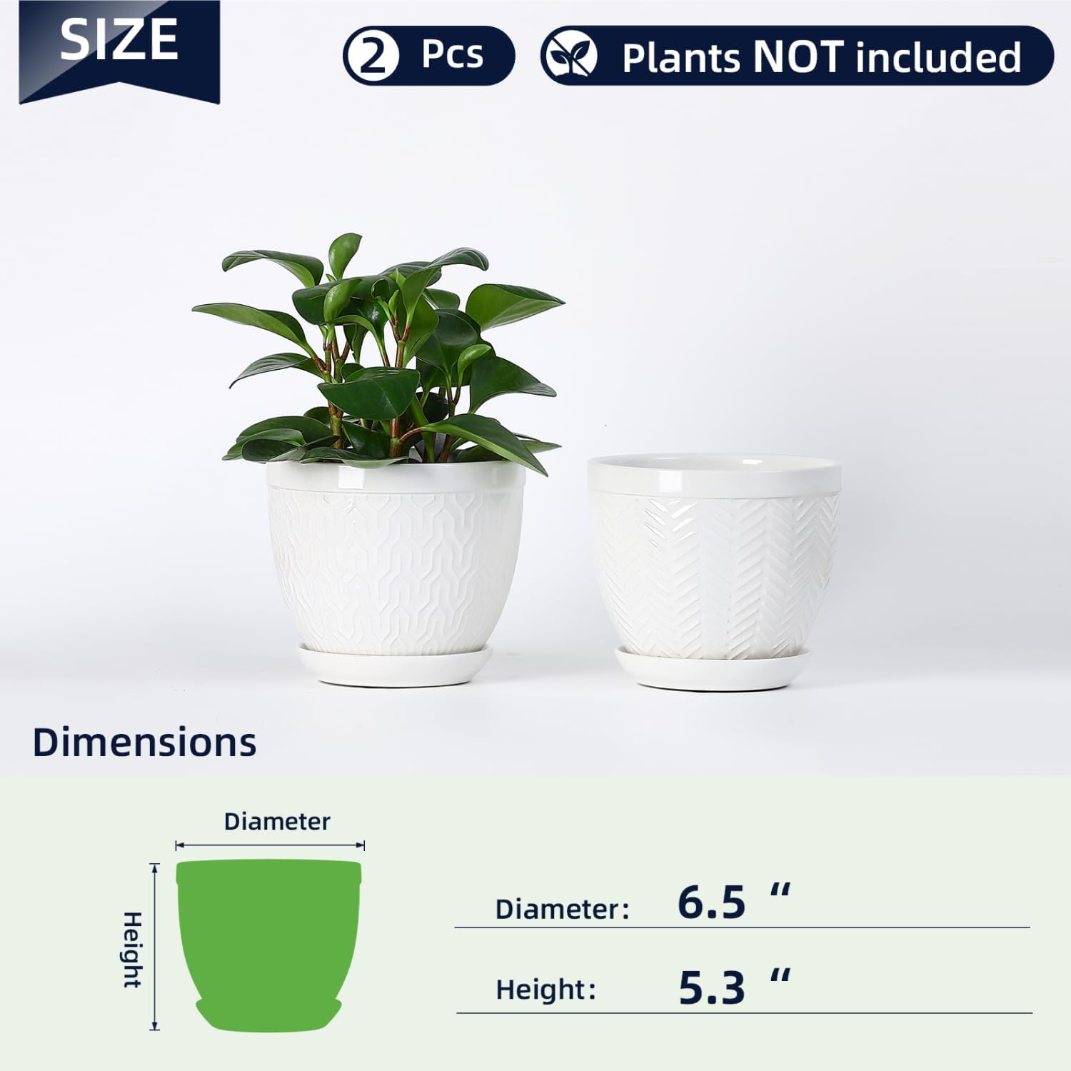 Sureasy 6.5 Inch Ceramic Plant Pots, Embossed Decorative Planters with Drainage Hole and Saucer, Modern Flower Pots for