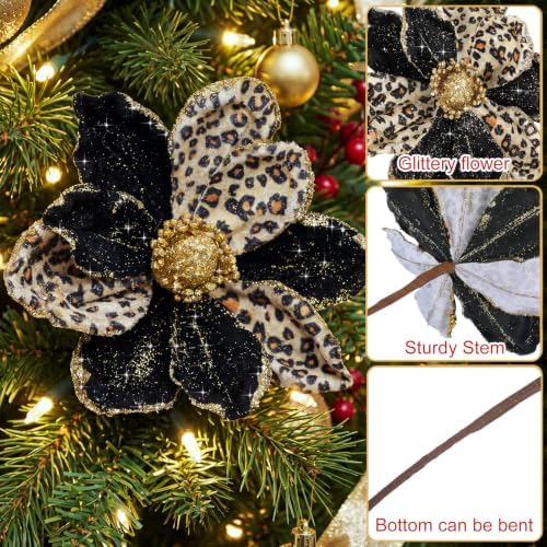 12 Pcs Christmas Magnolia Picks Set Magnolia Flower Leaves, Leopard,Black