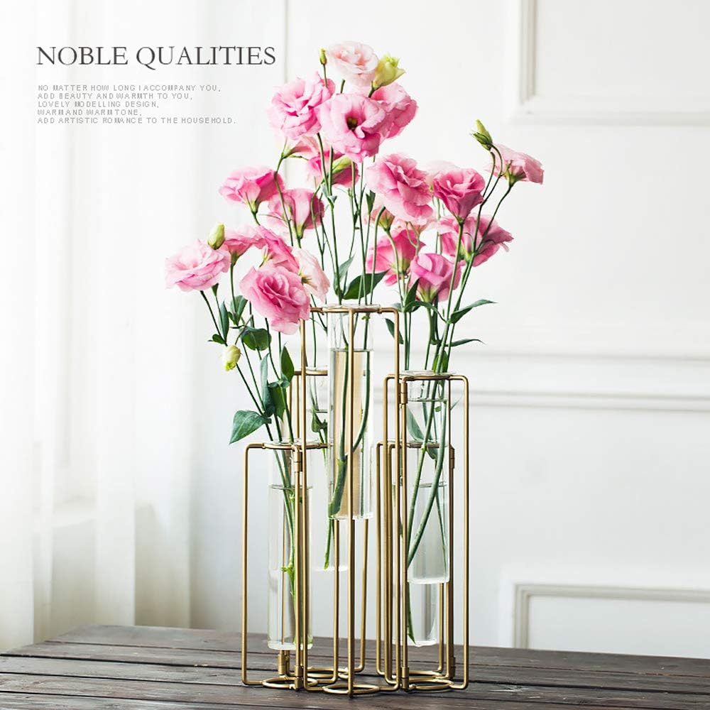 Hinged Flower Vases Test Tube Flower Vase with 5 Test Tubes Gold Metal Frame can be Bent and Contorted, Propagation