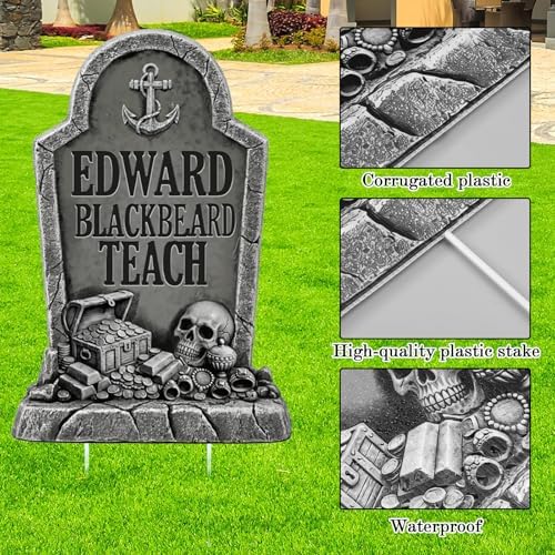 RattanView 6 Pcs Pirate Halloween Tombstones Yard Signs with Stakes 15.8 Inch Waterproof Halloween Yard Signs for Graves Pirate Outdoor Scary Decorations for Garden Lawn RIP Graveyard Tombstone Decor