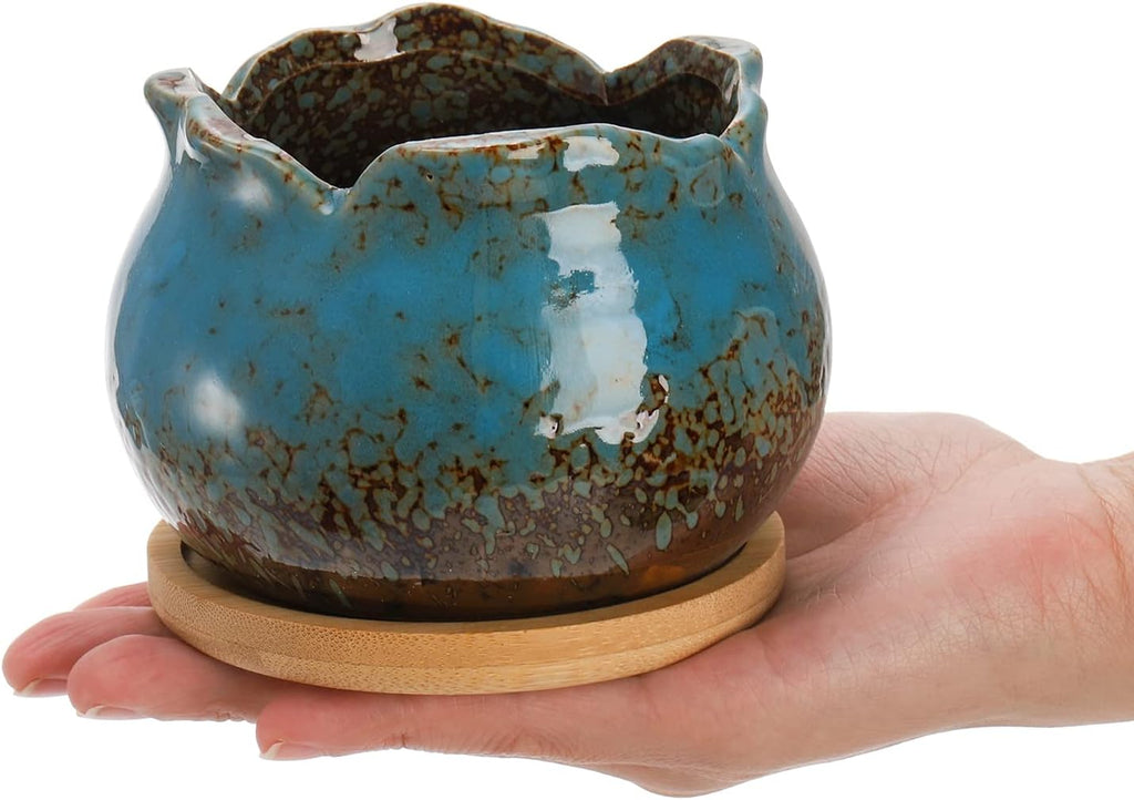 TOPZEA Set of 6 Succulent Plant Pots, 4 Inch Glazed Ceramic Pots with Drainage and Saucer, Mini Bonsai Planter Small