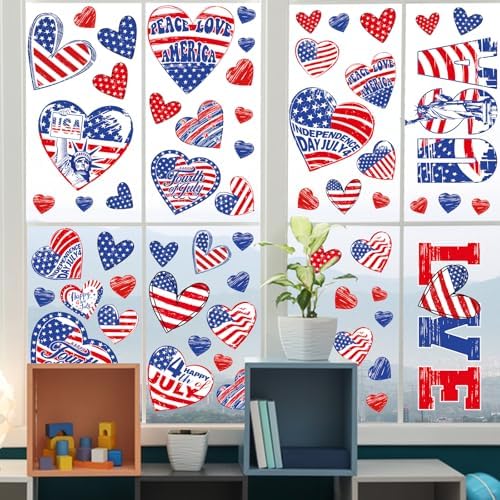 9 Sheets 250 Anniversary USA Stickers, 4th of July Window Clings, Heart Shape Patriotic Window Decals Happy 4th of July Windows Decorations for Independence Day Party