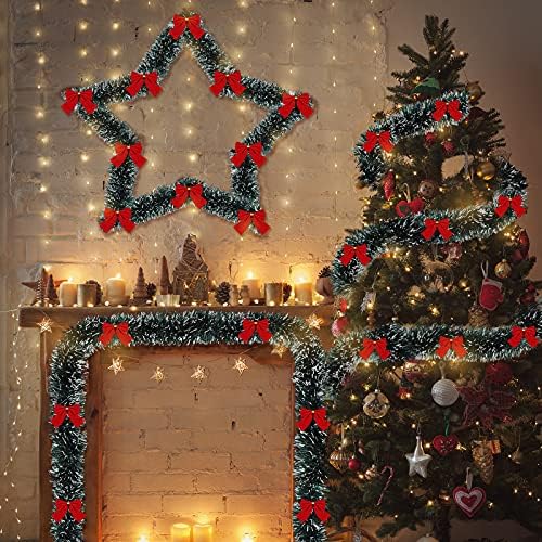 Dilunave Christmas Tinsel Garland with Red Bows,Bow Style,19.7 Feet