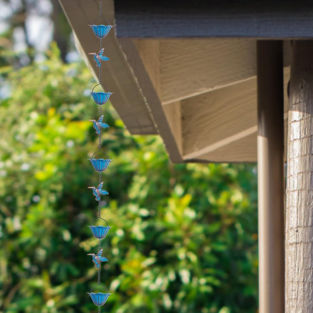 13.4FT Hummingbird Rain Chains for Outside, Gutters,Eaves, Drainage | Metal Rain Chain, 12 Lotus Cups, Decorative Rain