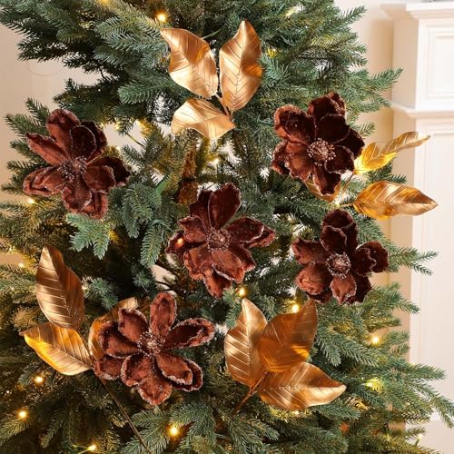 12 Pcs Christmas Magnolia Picks Set Magnolia Flower Leaves, Brown