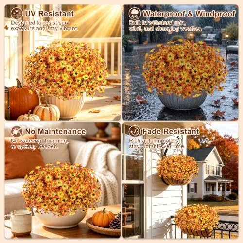12 Pcs Artificial Fall Flowers for Outdoors, UV Resistant Fake Mums Porch