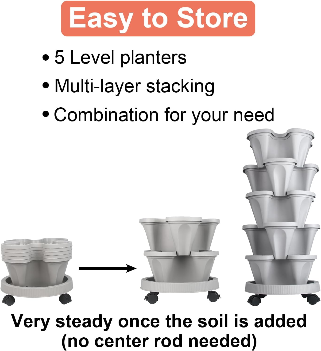 GameXcel Vertical Planter Tower - 5 Tier Stackable Garden Planters with Wheels and Tools Plant Pots for Strawberry Herb