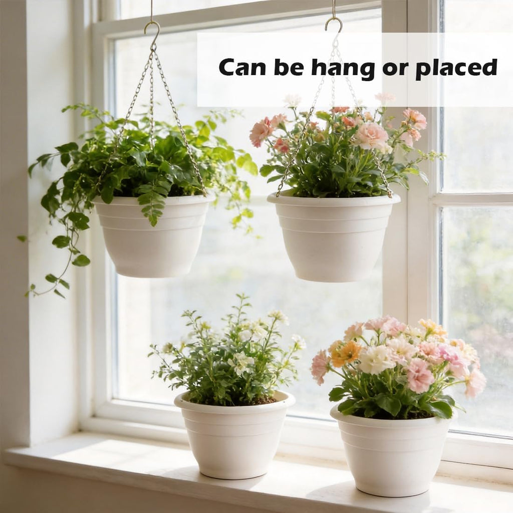 RooTrimmer Hanging Planters 10 Inch, 4 Pcs Flower Pots with Drainage Hole, Self Watering Hanging Basket for Indoor