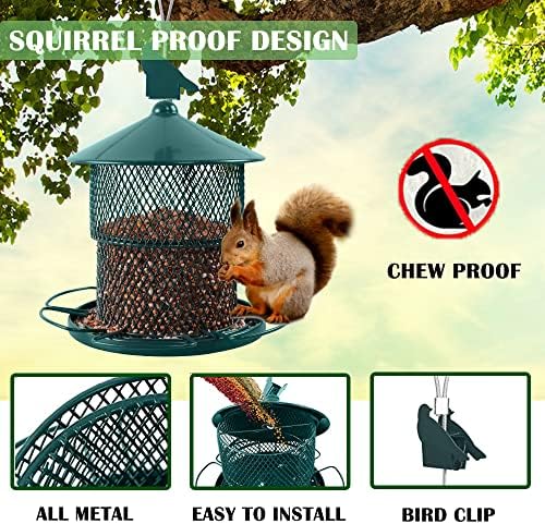 Metal Bird Feeder for Outside Hanging, Bird Feeders Squirrel Proof, 4 Lbs Capacity Iron Mesh Durable Wild Outdoor Birdfeeder with 6 Perches for Finch Cardinals,Gifts for Birds Lovers- Green