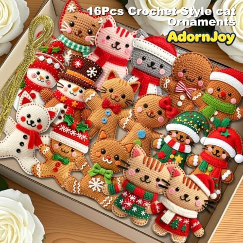 16Pcs Colorful Gingerbread Cat Christmas Ornaments