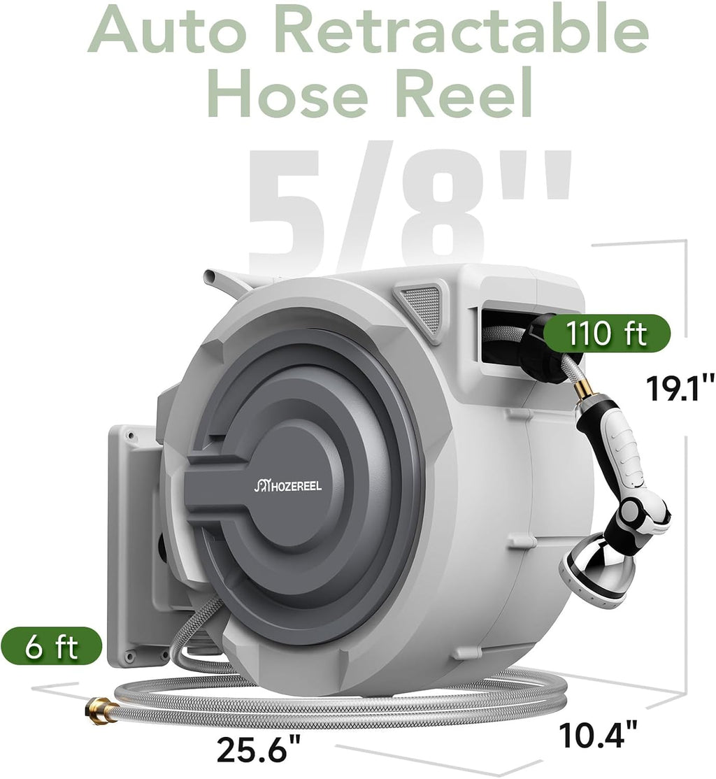 Retractable Hose Reel 5/8"x 110ft, Retractable Garden Hose | UV Resistant Automatic Slow Self Retract Hose Reel