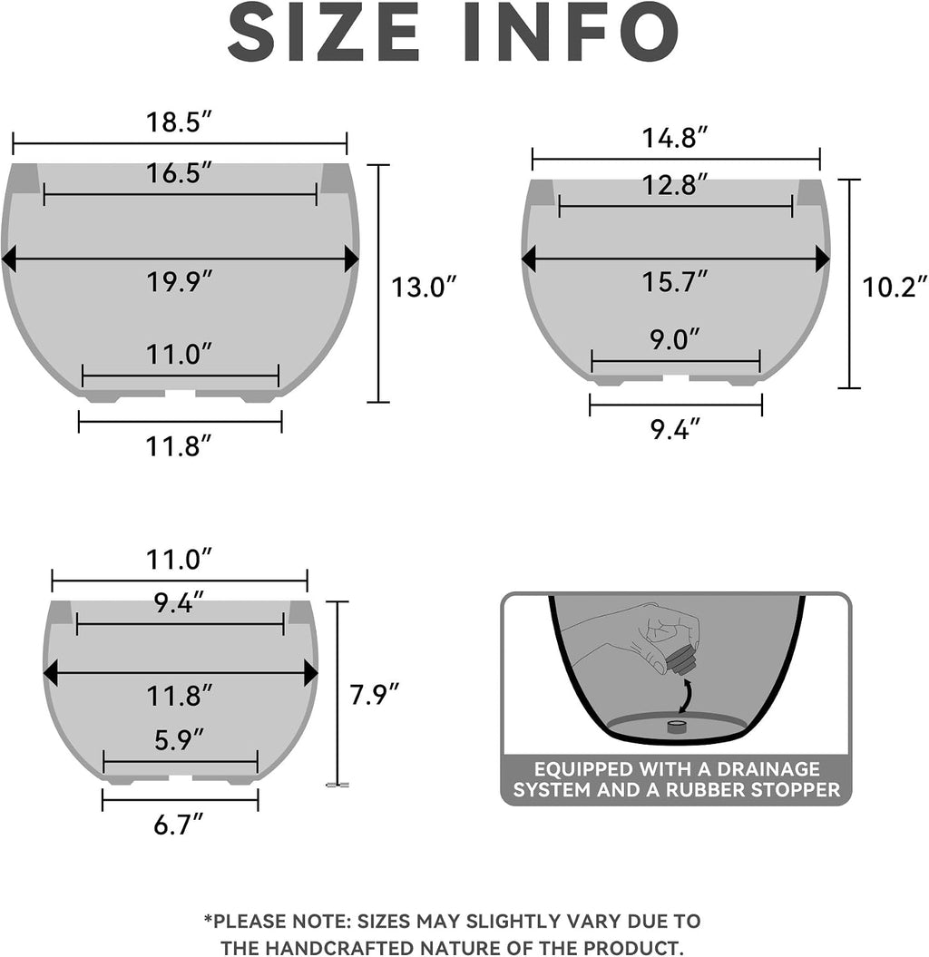 Kante Set of 3 Blue Gray Concrete Bowl Planters 20" 15.7" 11.8" Dia | Drainage for Outdoor, Rubber Plug for Indoor