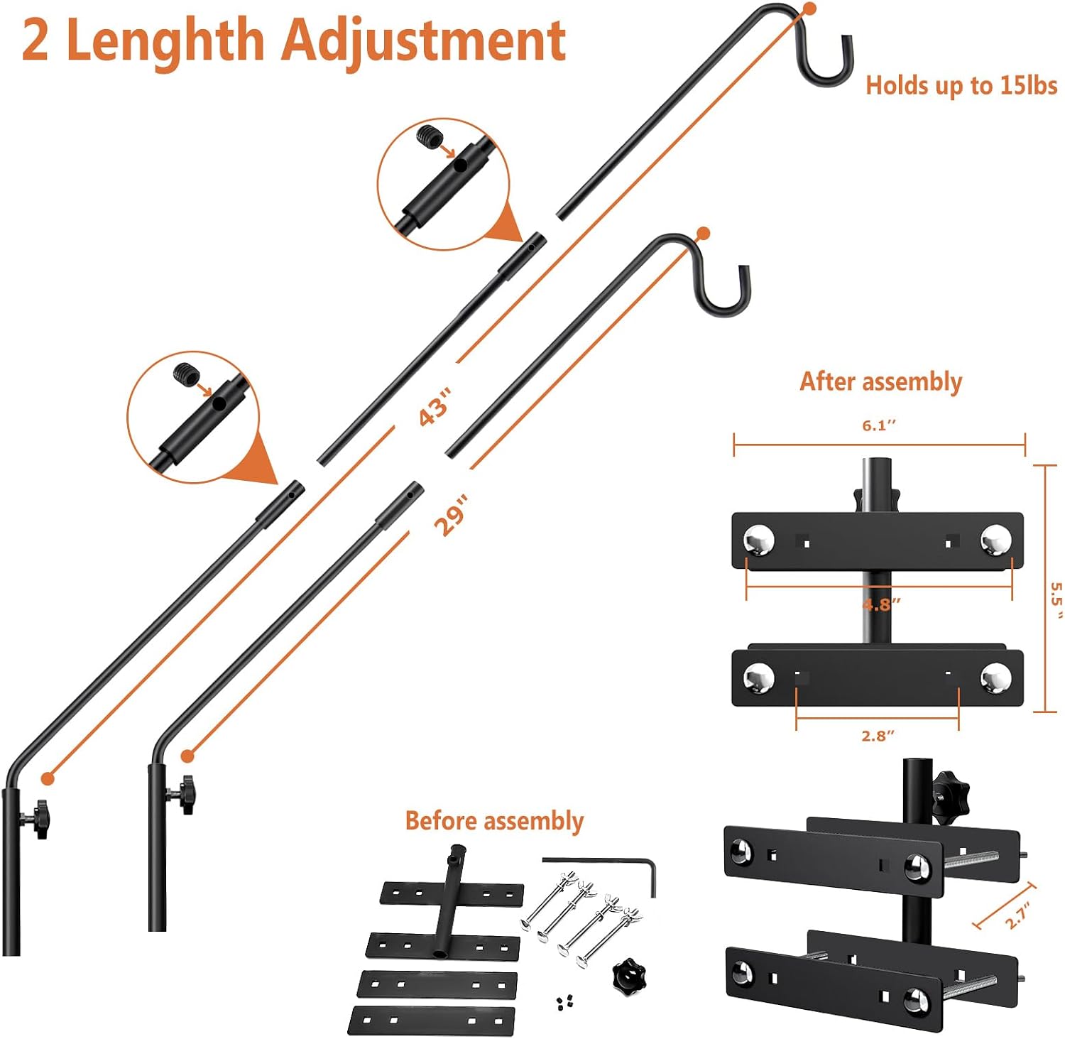 29-43" Adjustable Deck Railing Hook,Heavy Duty Rotating Plant Hanger | Double Clamps for Bird Feeders, Planters