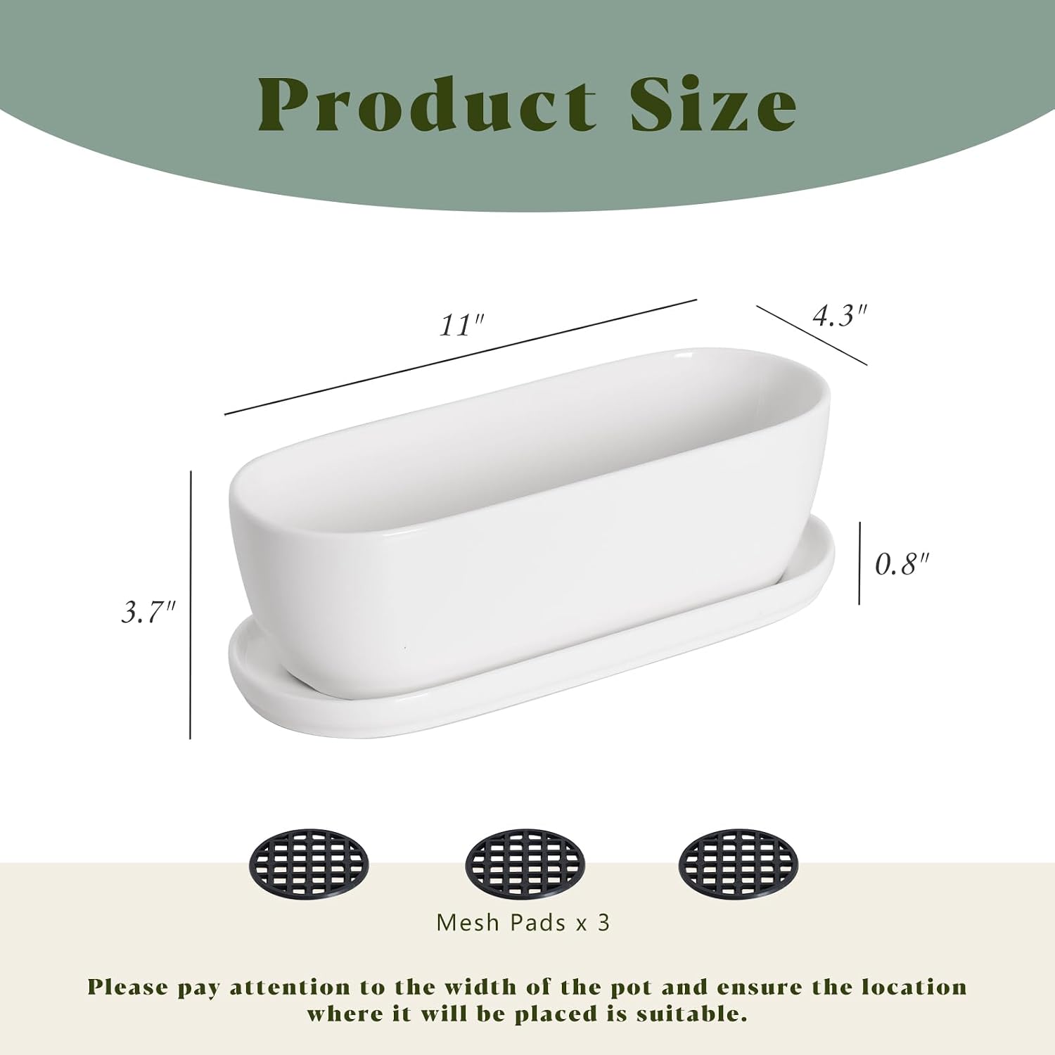 E-liu 11 Inch Oval Ceramic Planter Pot with Drainage Hole Saucers | Rectangular Succulents Planter Home Decor for