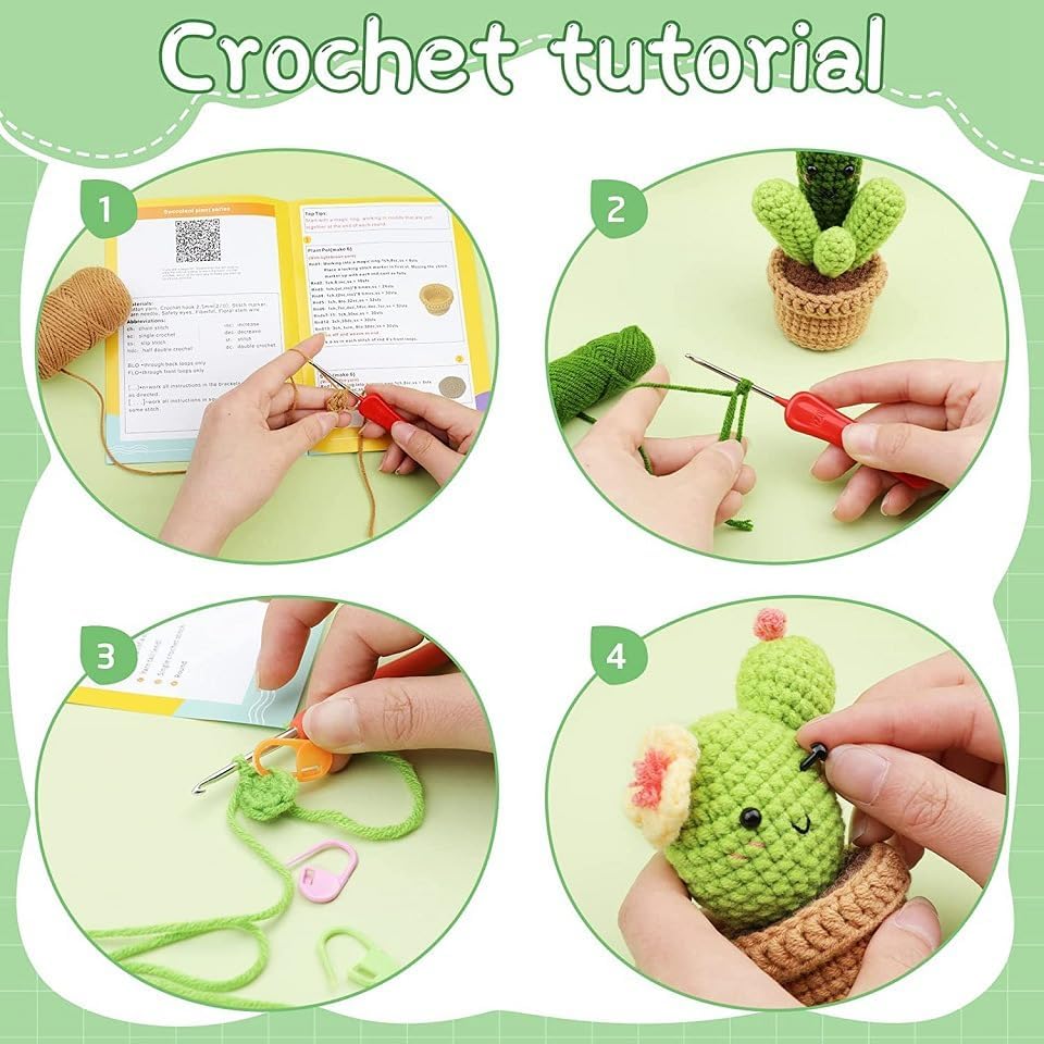 DIY Crochet Kit for Beginners, Potted Cactus Plants Set with Yarn, Hooks, Stitch Markers, Stuffing