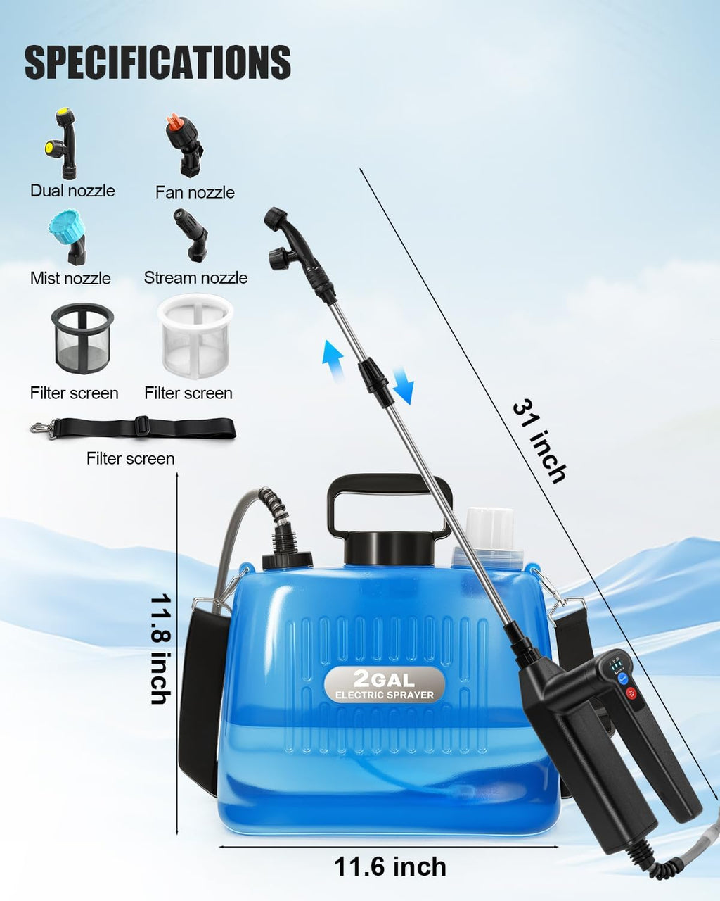 Battery Powered Sprayer 2 Gallon, Electric Weed Sprayer with 3 Adjustable Pressure Levels, 4 Nozzles & Extendable Wand