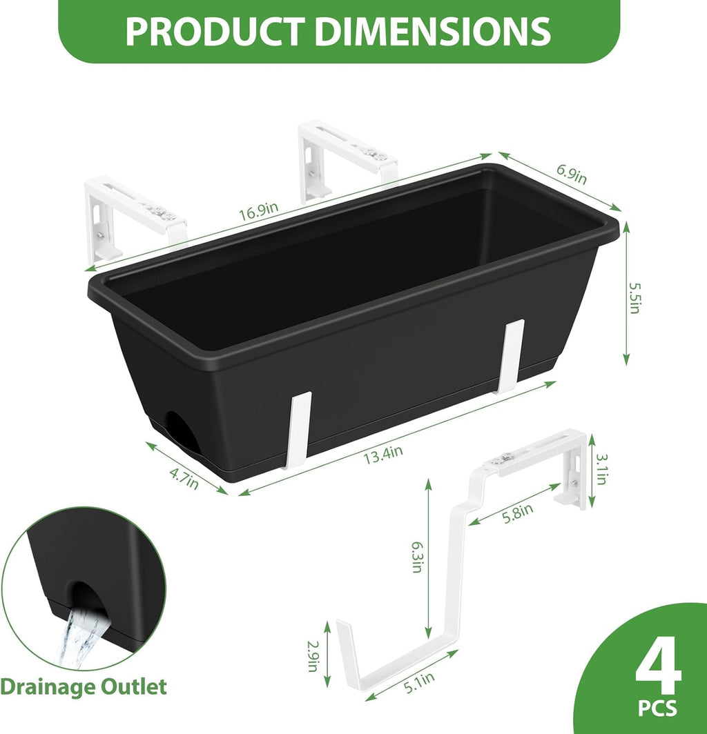 Railing Planter Box 4 Pack Hanging Balcony Planters with Adjustable Bracket | 17 Inch Railing Window Boxes Planter