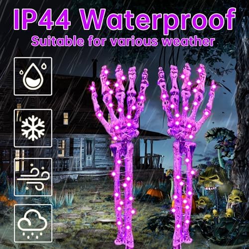 Solar Skeleton Hand Lights 2 Pack, 100LED Purple Halloween Stakes