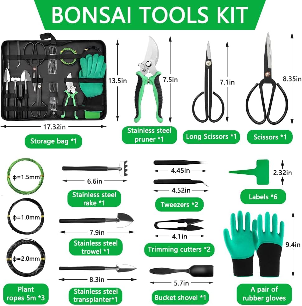 21 Pcs Bonsai Tool Kit for Beginners, Tools Set with PU Leather Bag | Premium Carbon Steel Pruning Shears & Scissors