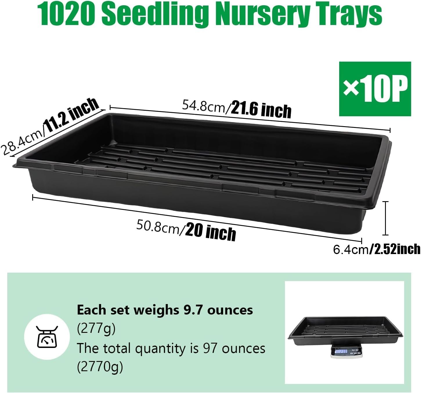 RooTrimmer 10 Pack 1020 Trays, Extra Thick Heavy Duty Seed Starting Trays - No Holes, No Leak, Reusable Propagation