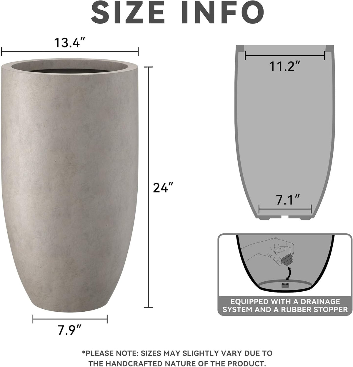 Kante Large Round Tapered Weathered Concrete Planter 24" Tall, Outdoor | Rubber Plug for Indoor, Drainage for Garden
