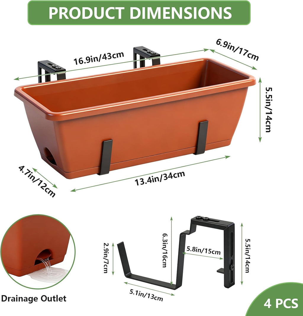 Railing Planter Box 4 Pack Window Boxes Planters with Adjustable Brackets | 17 Inch Rectangular Hanging Flower Pots