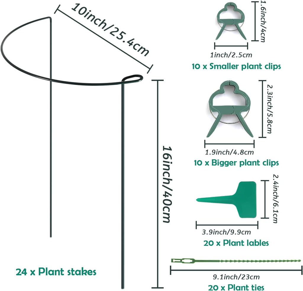 24 Pack Plant Support Stake, Half Round Metal Garden Plant Stake, Green Plant Support Ring, Border Support with Plant