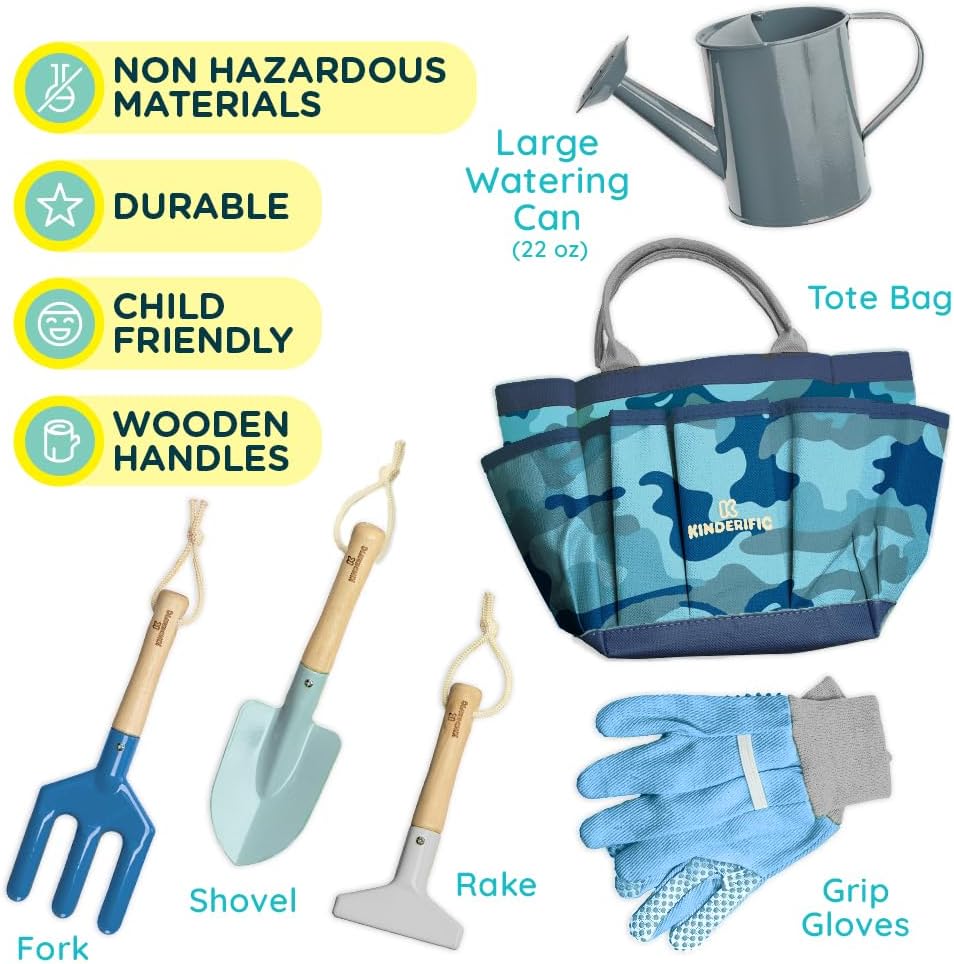 Gardening Set, Tool Kit, for Kids, STEM, Includes Tote Bag, Spade, Watering Can, Rake, Fork, Trowel and Gloves (Camo
