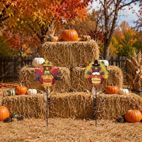 hogardeck Thanksgiving Decorations Outdoor, 38" Set of 2 Metal Turkey Decorative Garden Stakes for Thanksgiving Decor, Give Thanks Welcome Sign Turkey Yard Art for Fall Home Garden Lawn Patio