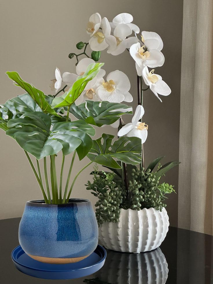 Yukfona Ceramic Plant Saucer Tray 1 Pcs 10 Inch Blue, 10.83" OD x10.24 ID x1.1 Deep| Fits Flower pots Bottom≤ 10.24"