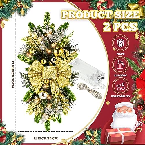 Lyrow 2 Pack 24" Christmas Stairway Swag with Lights, Gold Ribbon