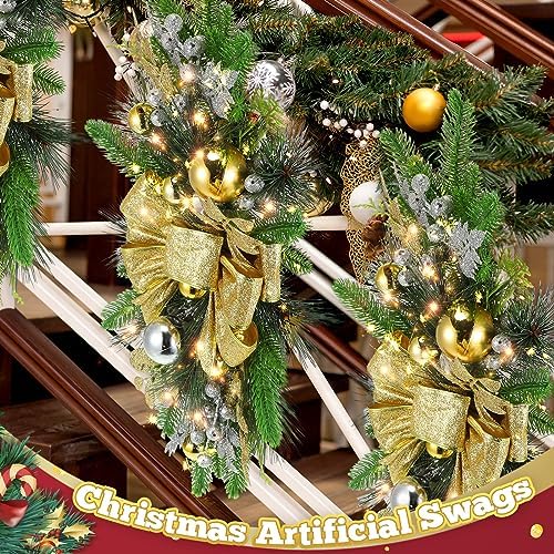 Lyrow 2 Pack 24" Christmas Stairway Swag with Lights, Gold Ribbon